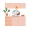 Woman pours oil in the pan nor in the kitchen. Vector illustration.