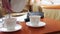 Woman pours tea for a business lunch