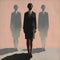 A woman in a power suit standing between two ominous shadows one labeled Men and one labeled Women.. AI generation
