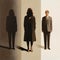 A woman in a power suit standing between two ominous shadows one labeled Men and one labeled Women.. AI generation