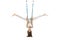 Woman practices fly yoga hanging upside down on sports hammock, isolation on white background. Aerial gymnastics, inverted pose