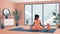 Woman practices yoga, dog nearby, home setting. Cartoon style, lifestyle depiction, interior scene. Meditation and sport