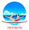 Woman practicing SUP yoga on a paddle board in the sea ocean Vector illustration. Sea background