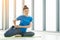 Woman practicing yoga working out, wearing sportswear, Calmness and relax, female happiness