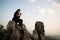 Woman praying to god, posing asian women, girl adult fashionable model, feeling moments, enjoying, happiness on top mountain.