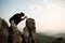 Woman praying to god, posing asian women, girl adult fashionable model, feeling moments, enjoying, happiness on top mountain.