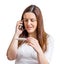 Woman with pregnancy test and talking by phone