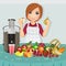 Woman prepares fruit fresh juice extractor