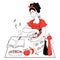 Woman preparing apple pie in her kitchen, hand drawn doodle style vector illustration isolated