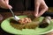 Woman preparing stuffed grape leaves on plate, closeup