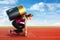 Woman preparing to run with a battery on her back