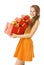 Woman Presents Gifts Boxes, Model Girl on White