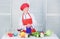 Woman pretty chef wear hat and apron. Uniform for professional chef. Lady adorable chef teach culinary arts. Improve