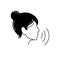 Woman profile icon with voice waves. Concept symbol of podcast or audiobook with girl head. Simple black white sign