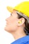 Woman with protective equipment and earplugs