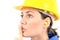 Woman with protective equipment and earplugs