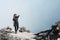 Woman in protective mask on active volcano Kawah Ijen