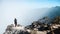 Woman in protective mask on active volcano Kawah Ijen