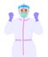 Woman in protective suit, medical mask, goggles showing raised hand fist sign. Doctor celebrating success. Surgeon gesturing arm.