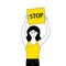 Woman protest with stop banner in doodle style.