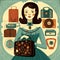 woman proudly holding a vintage handbag she found at a secondhand store, surrounded by other vintage items, AI generated