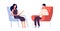 Woman psychologist. Couple talking, flat man woman sitting on chairs. Psychotherapy session or psychological