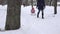 Woman pull baby child on sledge through snow in park tree alley. 4K