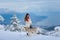 A woman with a purebred husky dog on top of a snowy mountain