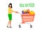 Woman pushing a shopping cart filled with fruits and vegetables. Girl with healthy food shopping trolley vector