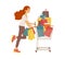 Woman pushing a shopping cart with purchases flat vector illustration isolated.