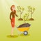 Woman pushing wheelbarrow with plant.