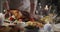 A woman puts a festive turkey on the table. Thanksgiving celebration