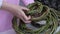 A woman puts together homemade wreaths woven from vines. Wreaths of various sizes. Close-up