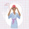 Woman puts a towel on head, dry her hair after a shower, get out of the shower in a bathrobe. Vector illustration