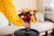 Woman puts vase with bouquet of sunflowers dahlias roses and zinnia flowers on table. Interior and fall decor at home