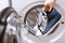 Woman putting pair of blue sneakers into washing machine, close up.