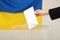 Woman putting voting paper into ballot box against Ukrainian flag