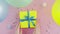 Woman putts Christmas birthday gift box wrapped in yellow paper with blue bow on pink table
