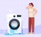 Woman puzzled by appliance breakdown semi flat vector illustration