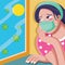 woman quarantine at home with a mask cartoon