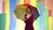 Woman with rainbow LGBT umbrella flag. Charming female cheerful attractive nice cute girlfriend with rain umbrella.