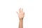 Woman raise hand up showing the five fingers on white background