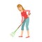 Woman With Rake Gardening, Cartoon Adult Characters Cleaning And Tiding Up