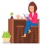 Woman read book on breakfast. Cartoon person leisure time