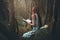 Woman reading alone in the woods