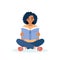 Woman reading book while sitting. Learning and literacy day concept. Cute vector illustration in flat cartoon style