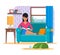 Woman reading book on sofa while vacuum cleaner domestic robot clean a room. Robotics technology concept vector