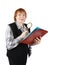 Woman reading documents through magnifier