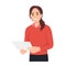 Woman reading paper document and speech bubble with info sign. Concept of professional guide, manual or instruction, counselor