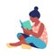 Woman reads book. Adult female character sitting and reading, bibliophile and book lover, getting knowledge, development